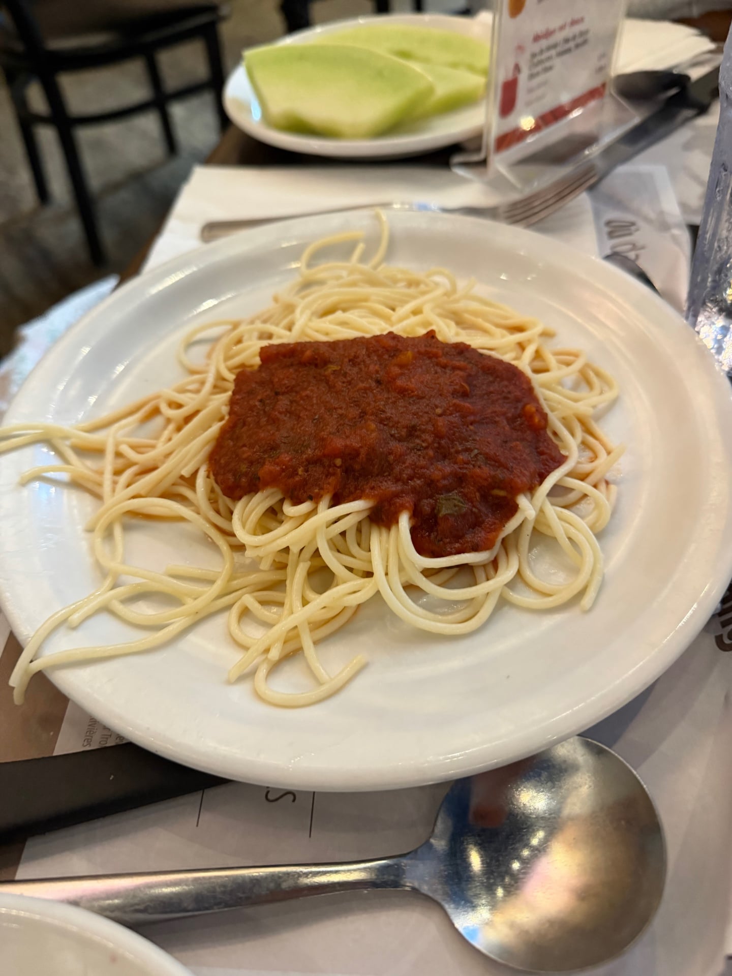 Spaghetti with marinara sauce from the Italian station